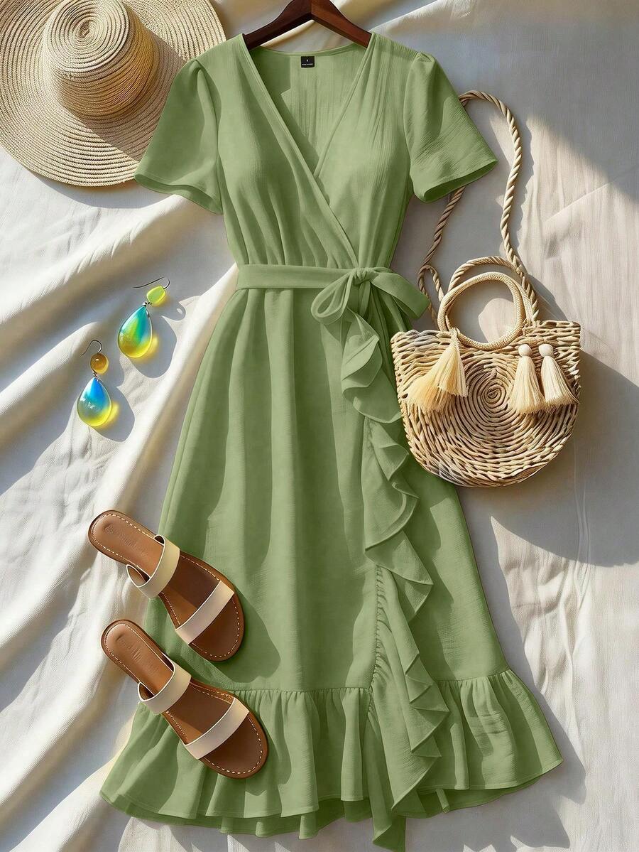 Louniche Standard Size Women's Ruffle V-Neck Fitted Holiday Elegant Mid-Length Dress Tea Party Tea Party Vacation Sage Green Summer - Green - View 1
