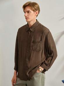 VeloEdit Men's Solid Color Long Sleeve Single Breasted Pocket Loose Casual Baggy Shirt, Woven, Wrist-Length Collar Coffee Brown, Autumn, Fall Front - Coffee Brown - View 5