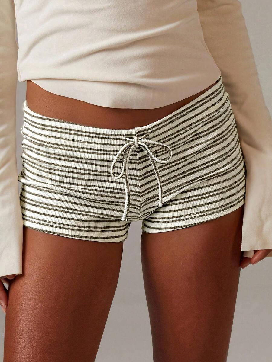 Athîral Women's Waist Tie Striped Casual Versatile Shorts - Apricot - View 1
