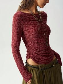 Bohemela Casual Boho Solid Color Knit Short Sleeve Women's Top Everyday Burgundy Autumn - Burgundy - View 5