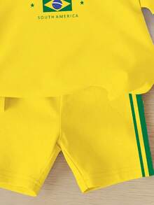 Setelan Pakaian Musim Panas/Musim Semi/Musim Panas/Musim Gugur untuk Anak Perempuan Muda, Kreatif, Personalisasi, Motif Bintang Lima Brasil, Garis Kuning & Hijau, Sisi Dasar Kuning, Garis Ganda Hijau, Huruf, Slogan, Gaya Kasual, Setelan Kaos Pendek + Celana Pendek Biker - MultiWarna - View 10