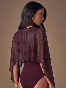SHEIN BAE Spring Summer Burgundy Mesh Bodysuit High Neck Sheer Shrug Cover-Up Slim Fit Sexy Hot Girl Set Night Out Going Out - Purple - View 2