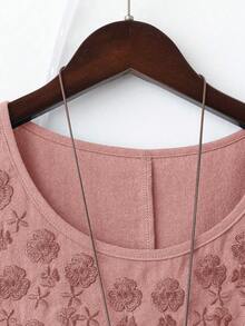 Linhara Plus Size Women Solid Color Faux Linen Round Neck Embroidered 3/4 Sleeve Casual Shirt - Baby Pink - View 5