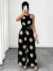SHEIN LUNE CURVE Plus Size Women's Elegant Spaghetti Strap Printed Pattern Jumpsuit Suitable For Vacation Beach Black Summer - Black - View 1