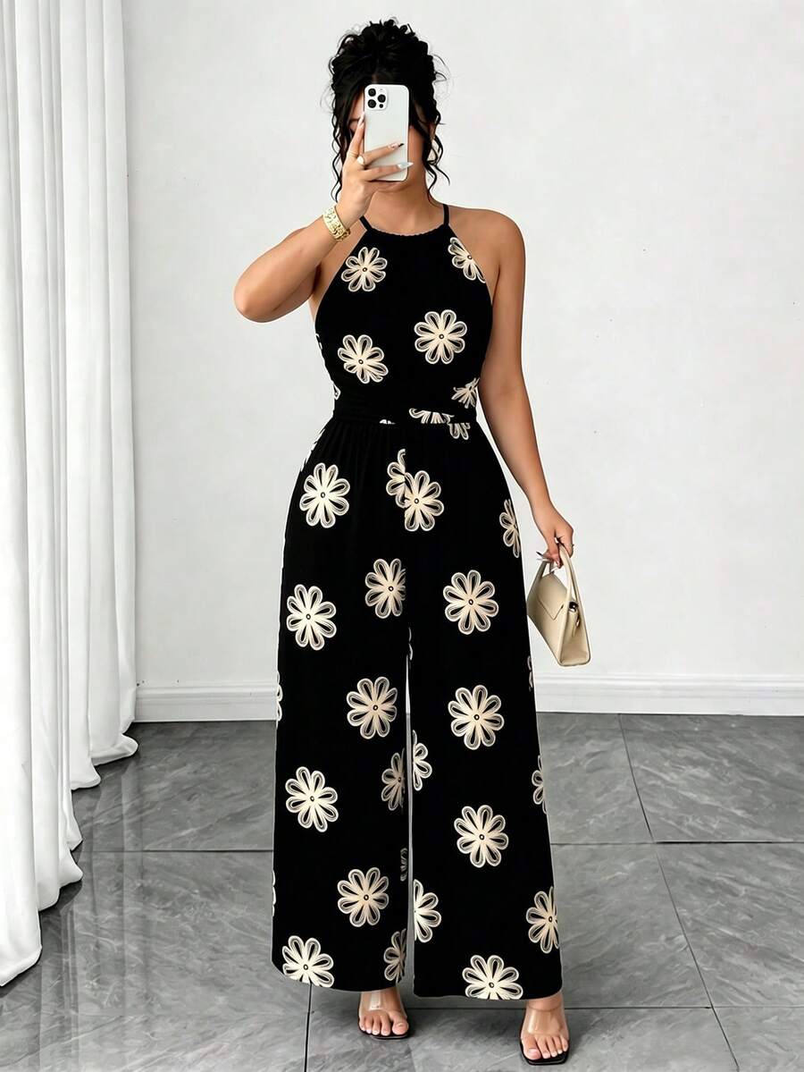 SHEIN LUNE CURVE Plus Size Women's Elegant Spaghetti Strap Printed Pattern Jumpsuit Suitable For Vacation Beach Black Summer - Black - View 1