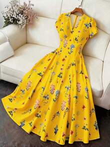 Rometta Plus Size Women's Vintage French Style V-Neck Ditsy Floral Short Sleeve Dress - Yellow - View 6