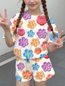 青少年女孩休閒可愛趣味紋理碎花、甜美奶油風、花卉田園風、圓領短袖T恤寬鬆短褲2件套，適合春夏圖案、舒適、女孩套裝、Y2k、復古、度假 - 彩色 - 查看 2