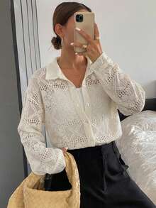 FRIFUL Women's Loose Lace Blouse, Spring Sheer Fall - Beige - View 9