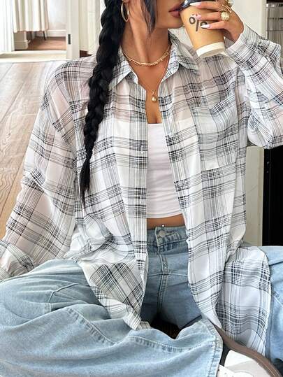 Muchica Áo sơ mi nữ size lớn họa tiết kẻ caro tay dài cài nút đơn phong cách casual công sở