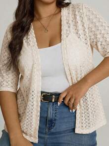 Comfylo Plus Size Women's Solid Color Casual Versatile Daily Outing Short Sleeve Cardigan - Apricot - View 3