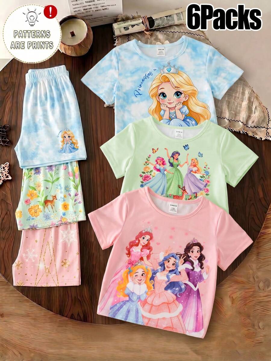 6件組嬰幼兒雪花、公主、花卉與蝴蝶滿版印花休閒百搭圓領短袖T恤+短褲套裝,適合日常穿著、度假,舒適放鬆,休閒風格,花卉圖案服飾,獨特秋季休閒穿搭 - 彩色 - 查看 1