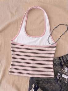 Tween Girls Striped Pattern Long Casual Halter Top Suitable For Summer Slim Fit Tank Top - Multicolor - View 2