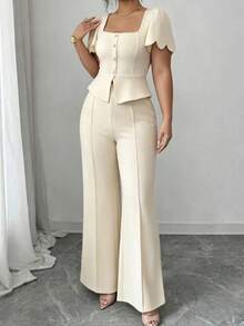 SHEIN Clasi Spring Summer Autumn Elegant Commuter Square Neck Wavy Short Sleeve Long Pants Apricot Plus Size 2 Pieces Set - Apricot - View 4