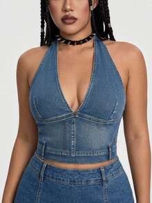 ROMWE Kawaii Plus Size Women Summer Halter Backless Tie Knot Denim Crop Top - Blue - View 2