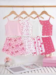[Enviado al azar 1 set]Pijama para niñas preadolescentes de verano, nueva moda, lindo estampado de conejo de dibujos animados, moño y corazón, top de tirantes de punto con volantes y shorts con estampado integral, conjunto de pijama de 2 piezas 1 set (enviado al azar) - Multicolor - Ver 2