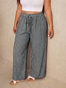 Elaquor Plus Size Women's Drawstring Waist Striped Pattern Loose Versatile Long Pants - Black - View 2