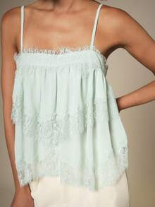 KSTM Top de verano con tirantes de encaje, cuello cuadrado, volantes escalonados y fluido para fiestas - Verde - Ver 2