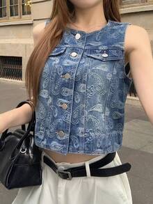 DAZY 女款時尚佩斯利印花牛仔背心，適合春夏，短版上衣，白色基本款性感校園風 - 藍色 - 查看 8