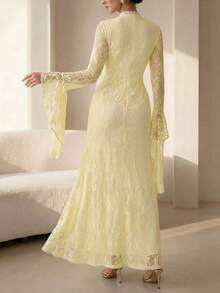 Graceveil Solid Light Yellow Full Lace Bodycon Mermaid Long Dress For Women, Flared Bell Long Sleeves With Drape Cuff Ruched Waist Wedding Guest Formal Gown - Yellow - View 3