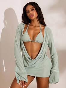 Opulessa Conjunto de traje de baño de 3 piezas con cuentas de color aleatorio para mujer - verde menta - Ver 1