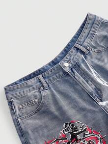 ROMWE MEN Men's Printed Pattern Loose Fit Denim Shorts - Blue - View 5