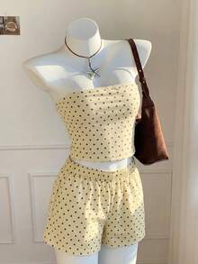 SHEIN EZwear 休閒簡約優雅通勤百搭保暖女裝通勤套裝海灘度假夏季兩件組奶油黃底黑波點抹胸上衣與短褲 - 彩色 - 查看 4