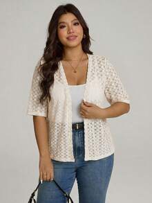 Comfylo Plus Size Women's Solid Color Casual Versatile Daily Outing Short Sleeve Cardigan - Apricot - View 5