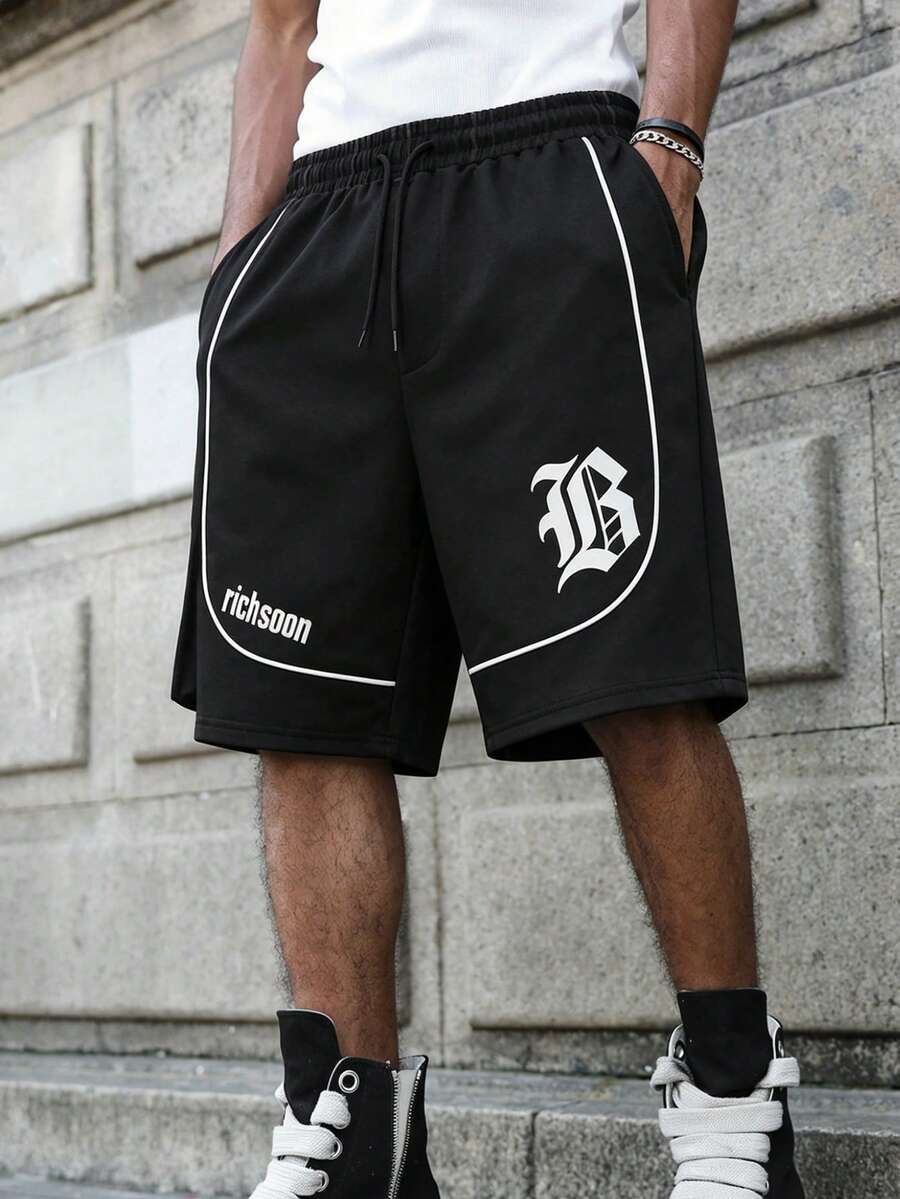 PAVTROS Men's Street Fashion Printed Drawstring Shorts Football - Black - View 1