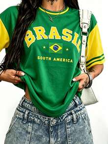 Rovax Brazil Style Pattern T-Shirt, Brazil Style Color Block Top Brazil Style Fan T-Shirt, Brazil Football Fan Jersey, Match Day, Color Block Crew Neck Short Sleeve Drop Shoulder T-Shirt, Suitable For Daily Wear - Green - View 3