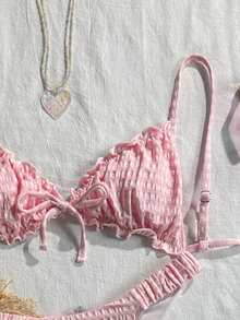 Swim Mod Bộ bikini 2 mảnh màu hồng phối ren xếp tầng thắt nơ phía trước dễ thương ngọt ngào thời trang năng động dự tiệc cho kỳ nghỉ hè trên bãi biển - Hồng - Xem 5
