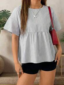 SHEIN EZwear 女士藏蓝色条纹梭织衬衫 - 藏蓝色 - 查看 7
