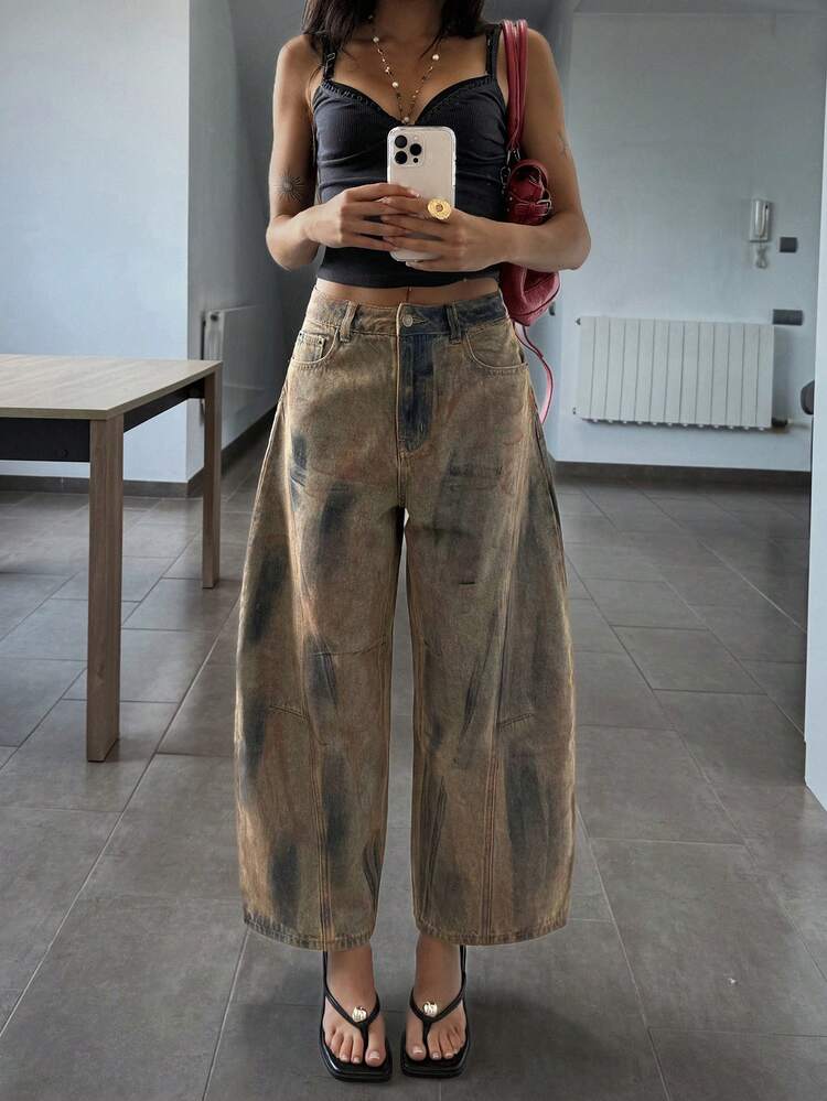 Women's Graphic Print Casual Loose Fit Jeans With Slant Pockets, Suitable For Spring And Summer
