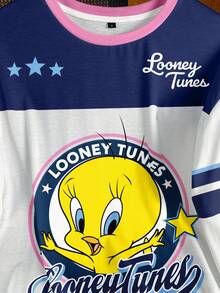 LOONEY TUNES X SHEIN 女士休闲日常撞色卡通图案圆领短袖T恤，夏季 - 白色 - 查看 7