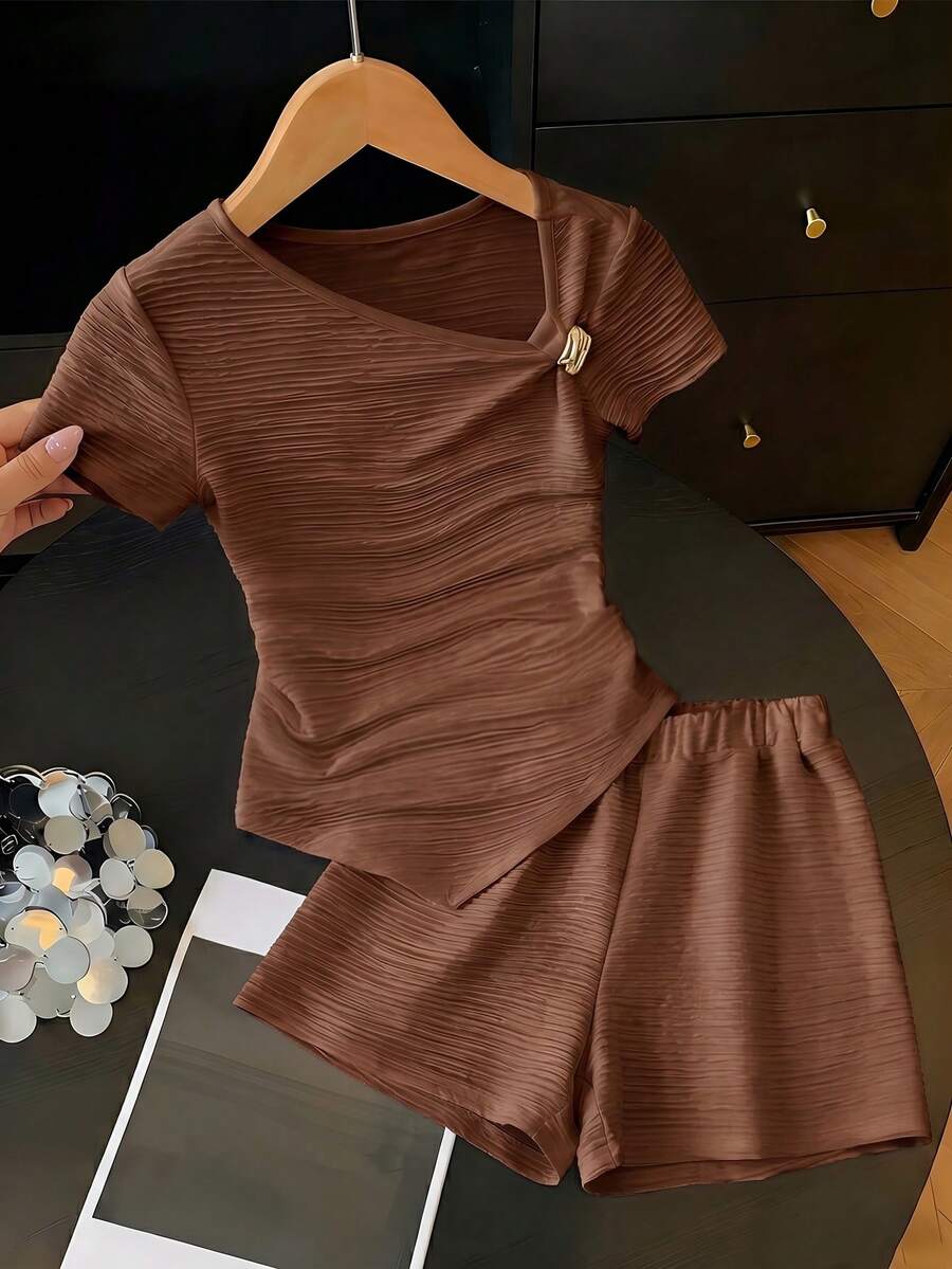 SHEIN Girls Back To School Brown T-Shirt Set Teen (Girl) Designer Asymmetrical Soft Cotton Round Neck - Brown - View 1