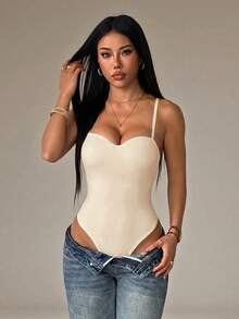 SHEIN PETITE Women's Solid Color Sexy Fashion Camisole Bodysuit ,Petite Women - Apricot - View 5