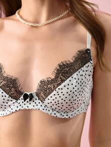 Bonmuse Ensemble de lingerie en dentelle à pois sexy, soutien-gorge push-up à décolleté plongeant + culotte taille basse, ambiance rétro et sensuelle - Blanc - Voir 5