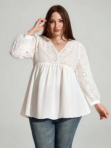 Enliva Camisa de mujer de manga larga con cuello en V de encaje traslúcido en talla grande, cómoda y holgada para primavera y verano, ropa informal diaria, blusas para mujer, tops para curvas, atuendos de vacaciones - Blanco - Ver 4