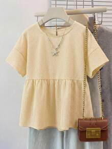 SHEIN EZwear 鵝黃色條紋大尺碼女款圓領短袖休閒襯衫 - 鵝黃色 - 查看 10