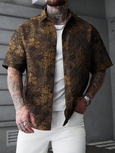 SLATEMANN 1pc Men Plus Size Jacquard Design Shirt, Bold Personalized, Loose Drop Shoulder Oversize Boxy Fit, Ins Hot , Gift For Boyfriend, Mature Casual Sporty Streetwear Daily Commute Versatile Back To School Vacation, Top Gift Choice For Boyfriend And Husband, Couple