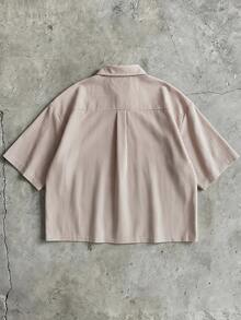 ROMWE MEN Street Life Short Sleeve Striped Front Opening Casual Vintage Asymmetric Collar Shirt - Coffee Brown - View 2