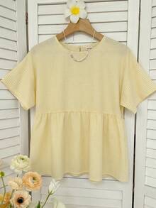 SHEIN EZwear 淡黃色條紋編織女款短袖襯衫 - 淡黃色 - 查看 8