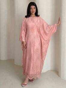 Yasveil Elegante türkische Tunika & arabische traditionelle Tunika für Damen mit Spitzenbesatz, gefüttert, Schnürung an der Taille, langen Ärmeln und ausgestelltem Schnitt - Pink - Übersicht 5