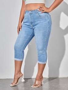 SHEIN Lady Jeans in denim da donna taglie forti con tasche e bottoni, casual e versatili per l'uso quotidiano e le uscite - Lavaggio chiaro - Visualizzare 4