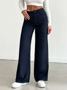 SHEIN Cottnline Women's Solid Color Straight Pants - Blue - View 4