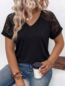 EMERY ROSE Women's Spring/Summer New Hot-Selling Lace Patchwork Design Casual Versatile Plus Size T-Shirt - Black - View 6