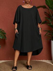 SHEIN CURVE+ 曲线尺码 US22 音乐节、海滨度假、波西米亚风 CURVE PLUS / /2025 新款锐舞/复活节女装、老钱风格女装、乡村音乐会服装、外出服装、仙女风、音乐节服装、热带度假女装、夏季女装、夏季、锐舞夏季/乡村/海滩度假服装/海滩服装/沙滩装 蓝色中长连衣裙 休闲中长连衣裙 - 黑色 - 查看 5