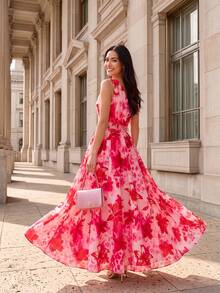 SHEIN Clasi CURVE Plus Size Women Floral Print Sleeveless Elegant Dress Wedding Guest Pink Summer - Multicolor - View 2