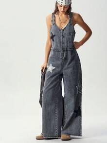 Bohemela Summer Casual Loose Dark Grey 90% Cotton Snow Washed Five-Pointed Star Applique Embroidered Loose Denim Overalls - Multicolor - View 2