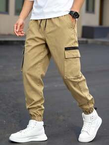Manfinity Homme Men's Khaki Cargo Pants With Side Zipper, Casual Jogger Pants - Khaki - View 4