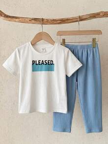 SHEIN 2件組小男孩幼兒可愛休閒華夫格布料短袖長褲居家服套裝，適合日常穿著與外出，適用春夏 - 彩色 - 查看 7